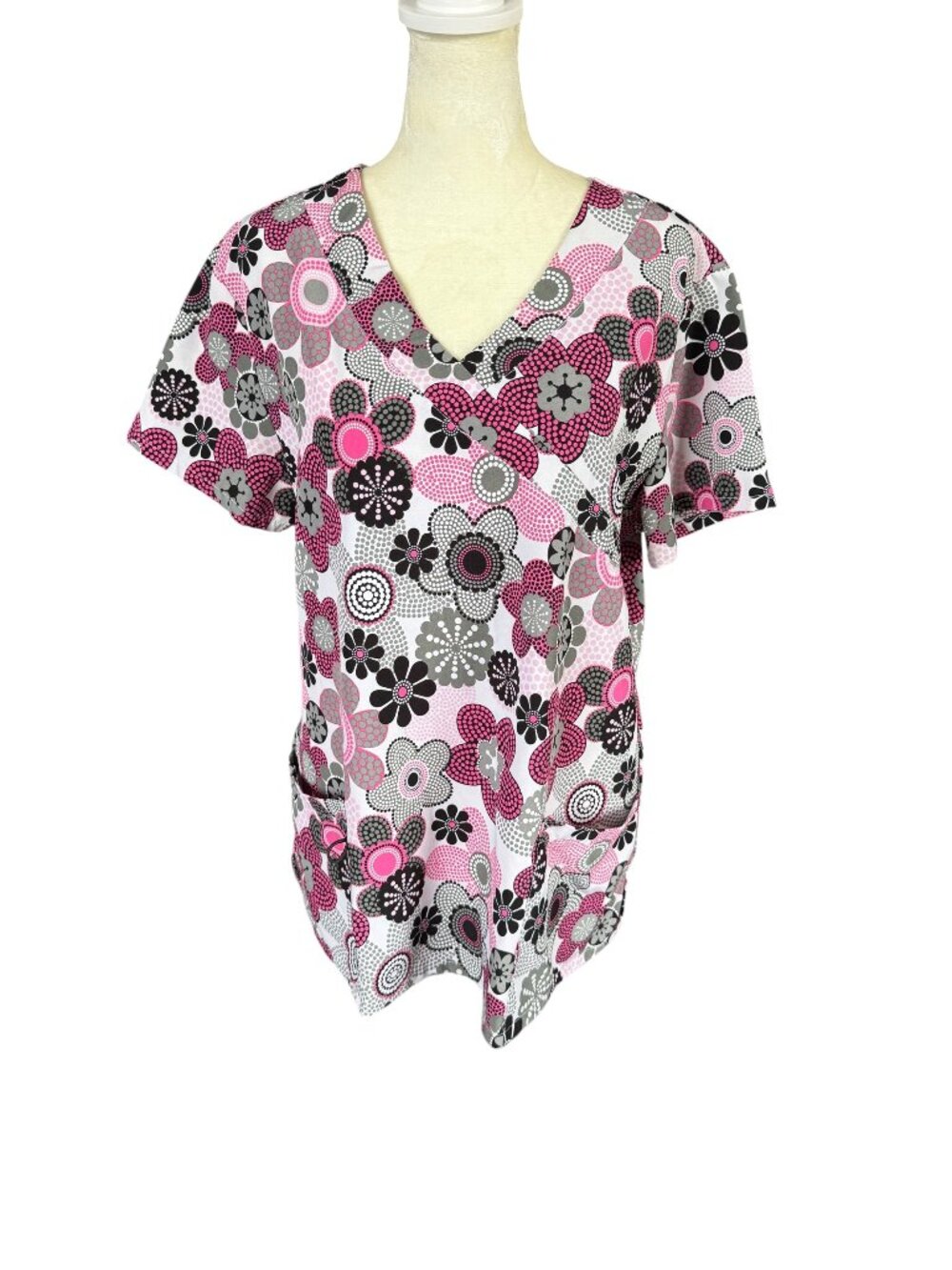 Women's pink, white, gray, black floral short sleeve v-neck scrub top size L